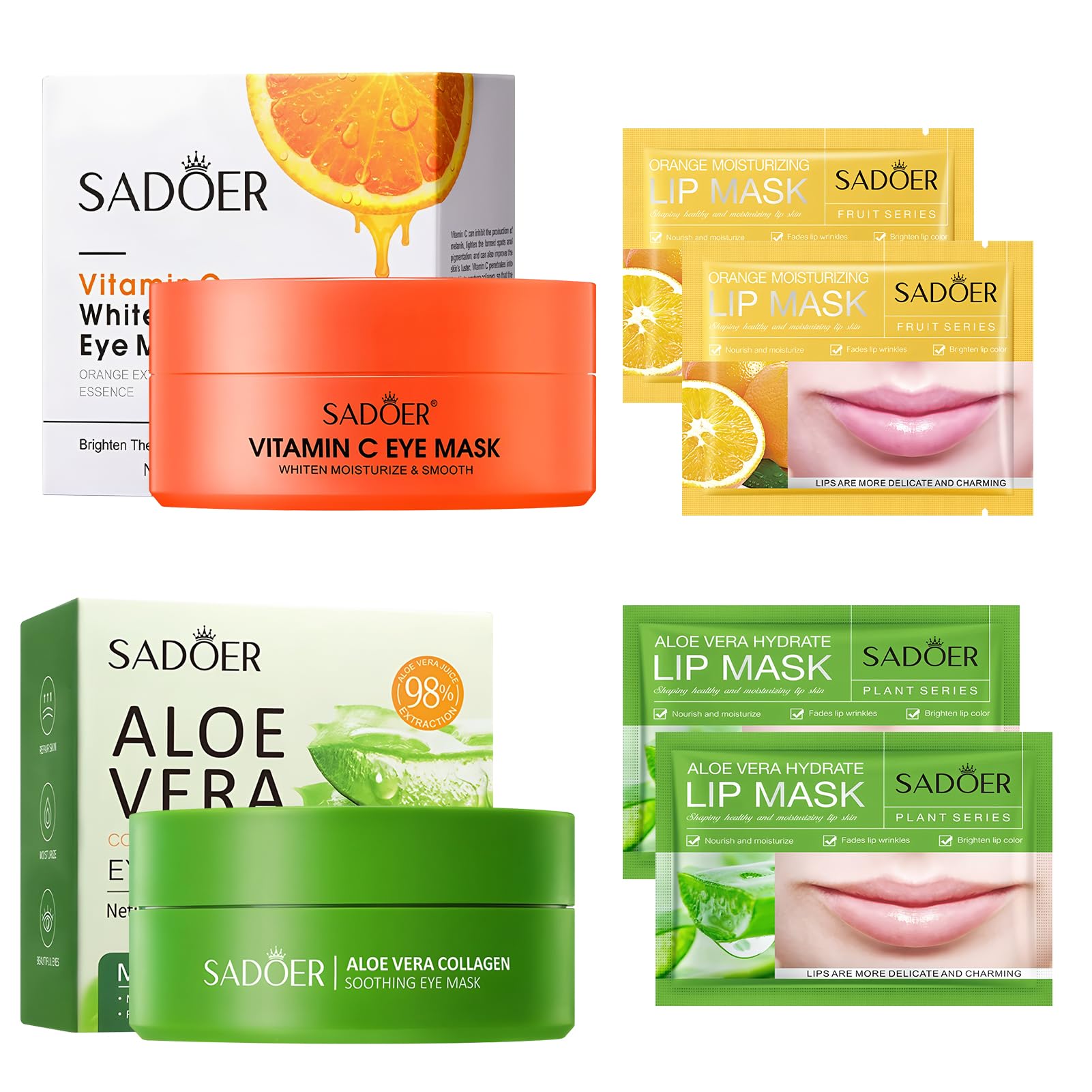 124 Stück Aloe Vera Augenpads und Lippenmaske, Vintamin C Augenpads und Lip Mask, Eye Pads zur Hydratation, Anti Aging, Gegen Augenringe, Falten, Schwellungen und Tränensäcke