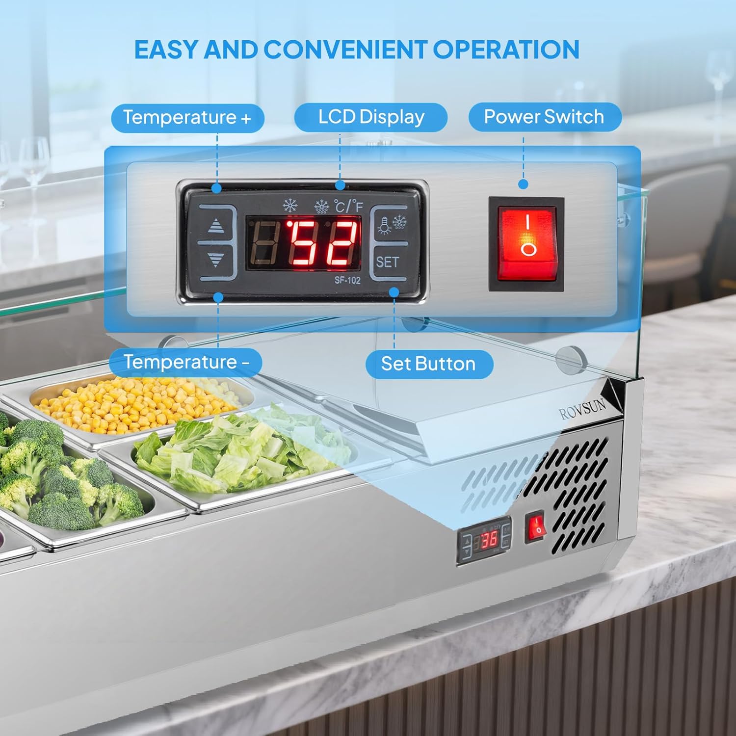 ROVSUN 47" Refrigerated Condiment Prep Station ETL NSF, 25.1QT Sandwich Prep Table Salad Bar Prep Rail w/Auto Defrost Temp Control Glass Shield 3 1/3 Pan & 2 1/4 Pan for Restaurant Food Truck