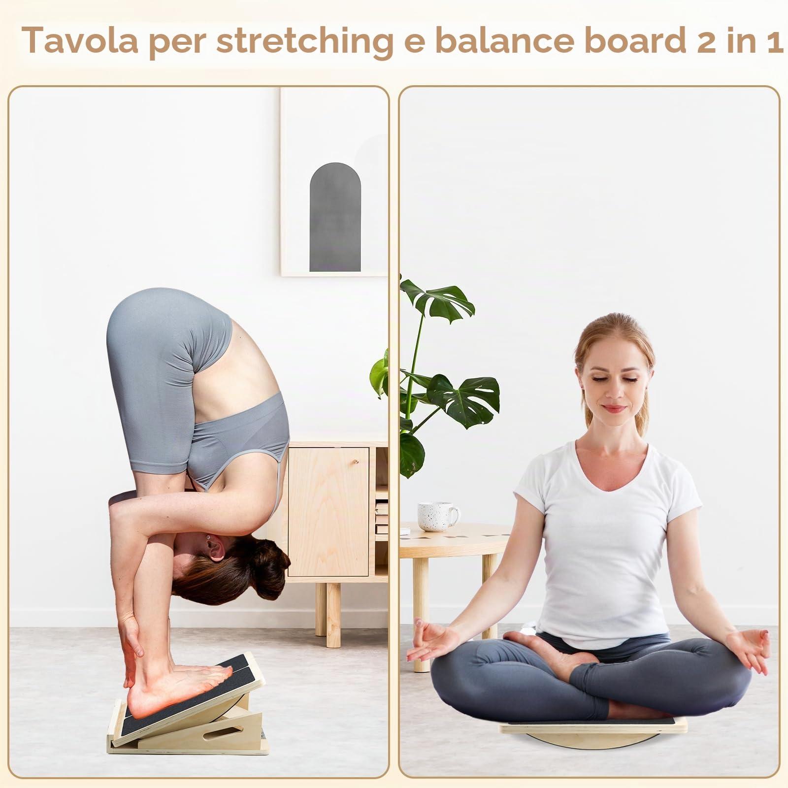 Qingning 2 in 1 Tavola di Equilibrio & Tavola Inclinata Regolabile in Legno | Balance Board Professionale in Legno, Tavola di Bilanciamento Fitness, per Stretching Polpacci, Muscolare e Squat