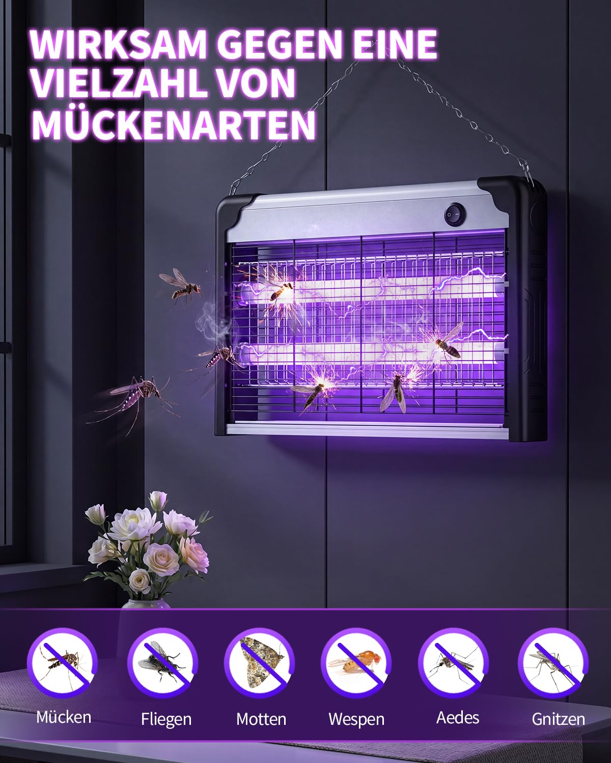 3800V Insektenvernichter elektrisch, 2 LED-UV-Licht mit hybrides Spektrum, wandmontierte Insektenlampe. Effektive Fliegenfalle für Haushalt, Küche und Garten gegen lästige Fluginsekten