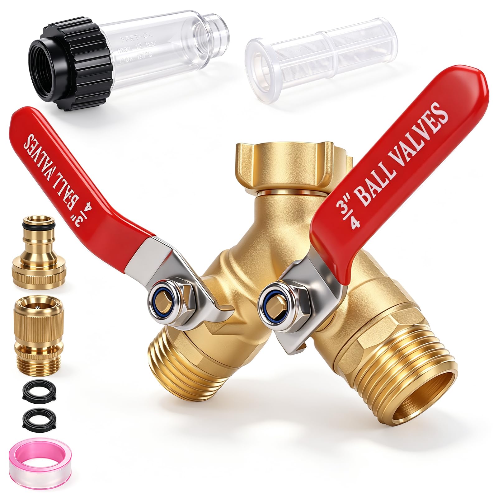 Splitter per tubo da giardino a 2 vie, in ottone resistente, valvola a Y a | con filtro e set di connessione rapida, manico in acciaio inossidabile 304, adattatore per acqua a flusso completo per prato