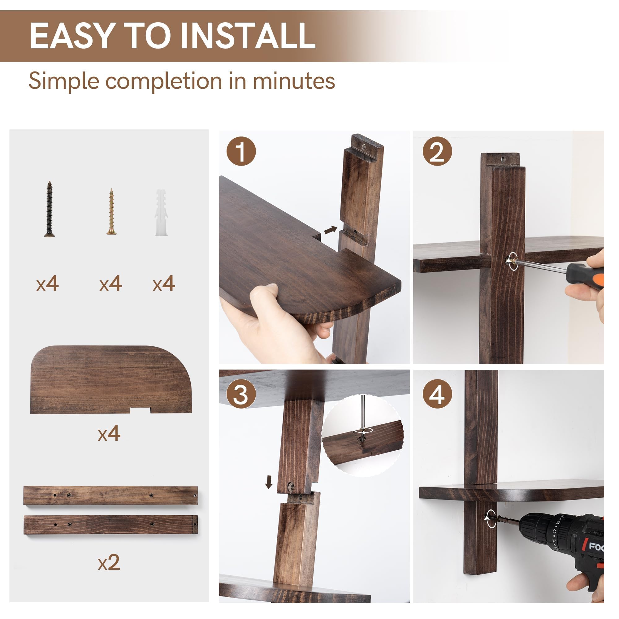 Afuly Estantería Pared, Baldas Flotantes Pared Madera de 4 Niveles Nogal | 35cm Estanteria Flotante Pared, Repisas de Pared, Almacenaje, Decoración, Baldas de Madera para Fotos, para Salón, Dormitorio