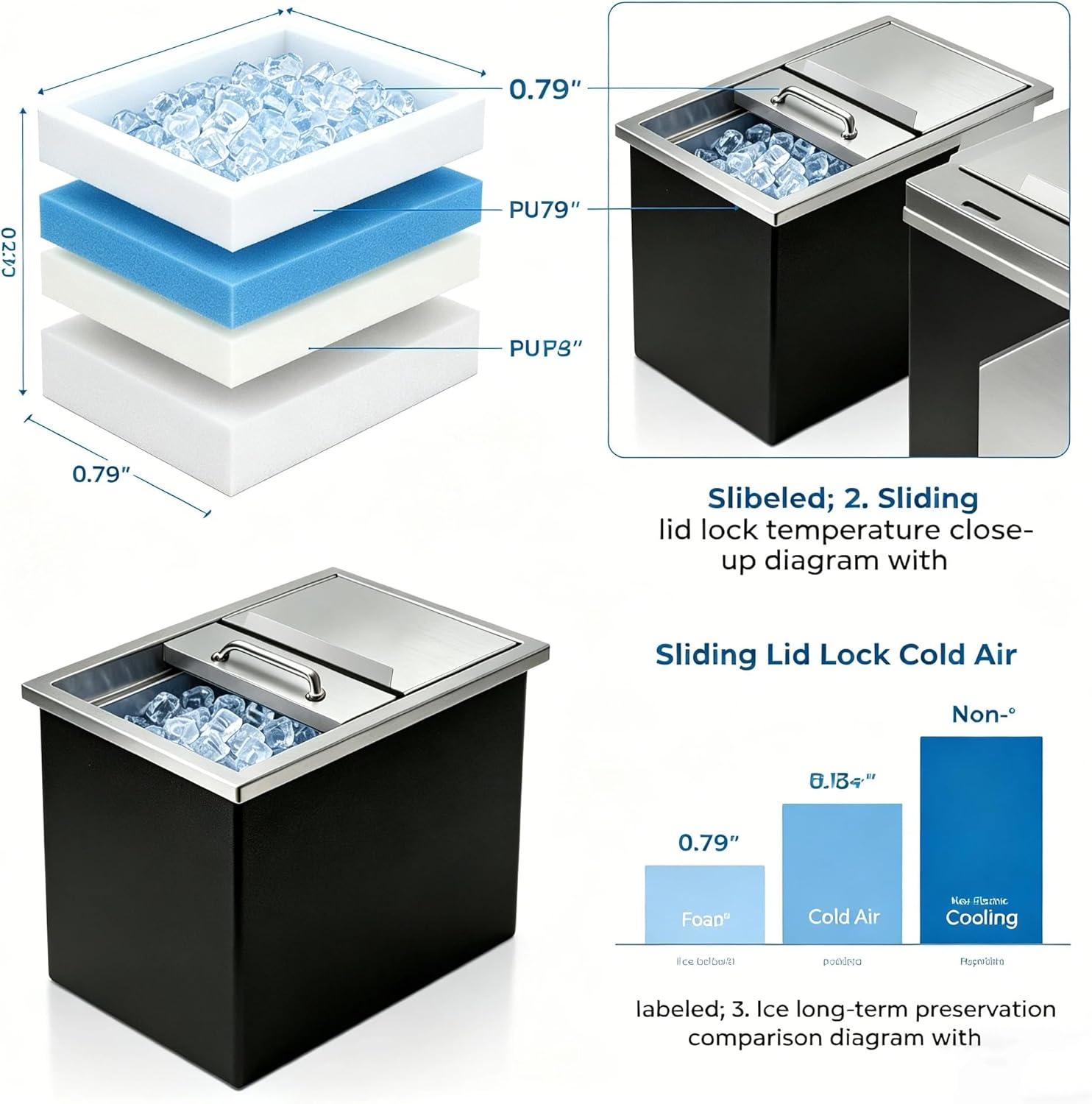 Drop in Ice Chest, Stainless Steel Ice Cooler 18L x 12W x 15H Inch with Sliding Cover, 36.3 Quarts Commercial Ice Bin, Drain-Pipe and Drain Plug for Cold Wine Beer
