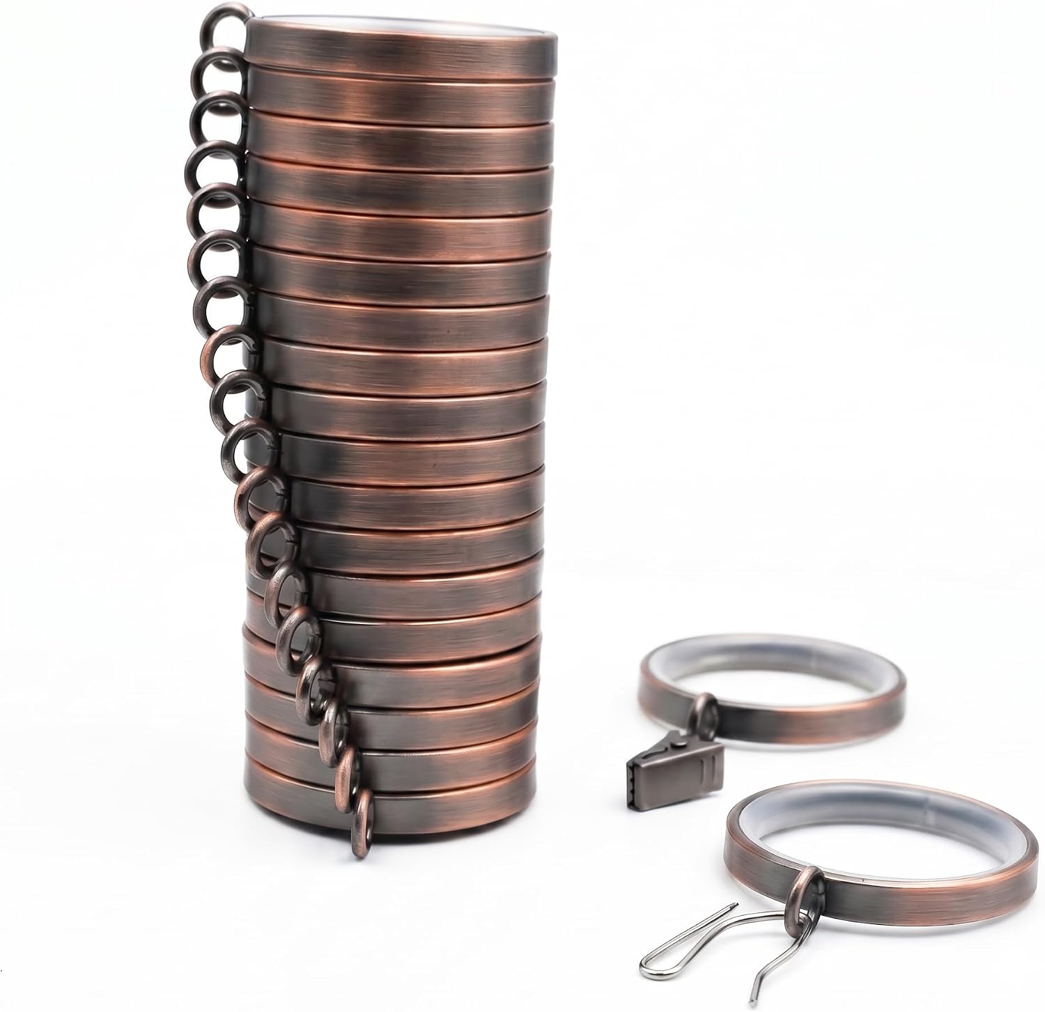 18 Pack Heavy Duty Antique Copper Curtain Rings with Quiet Glide Inserts | Metal Drapery Rings with Removable Nylon Inserts, Clips & Pin Hooks Included. 1 5/8" Inner Diameter Fits 1-1.25" Window Rods