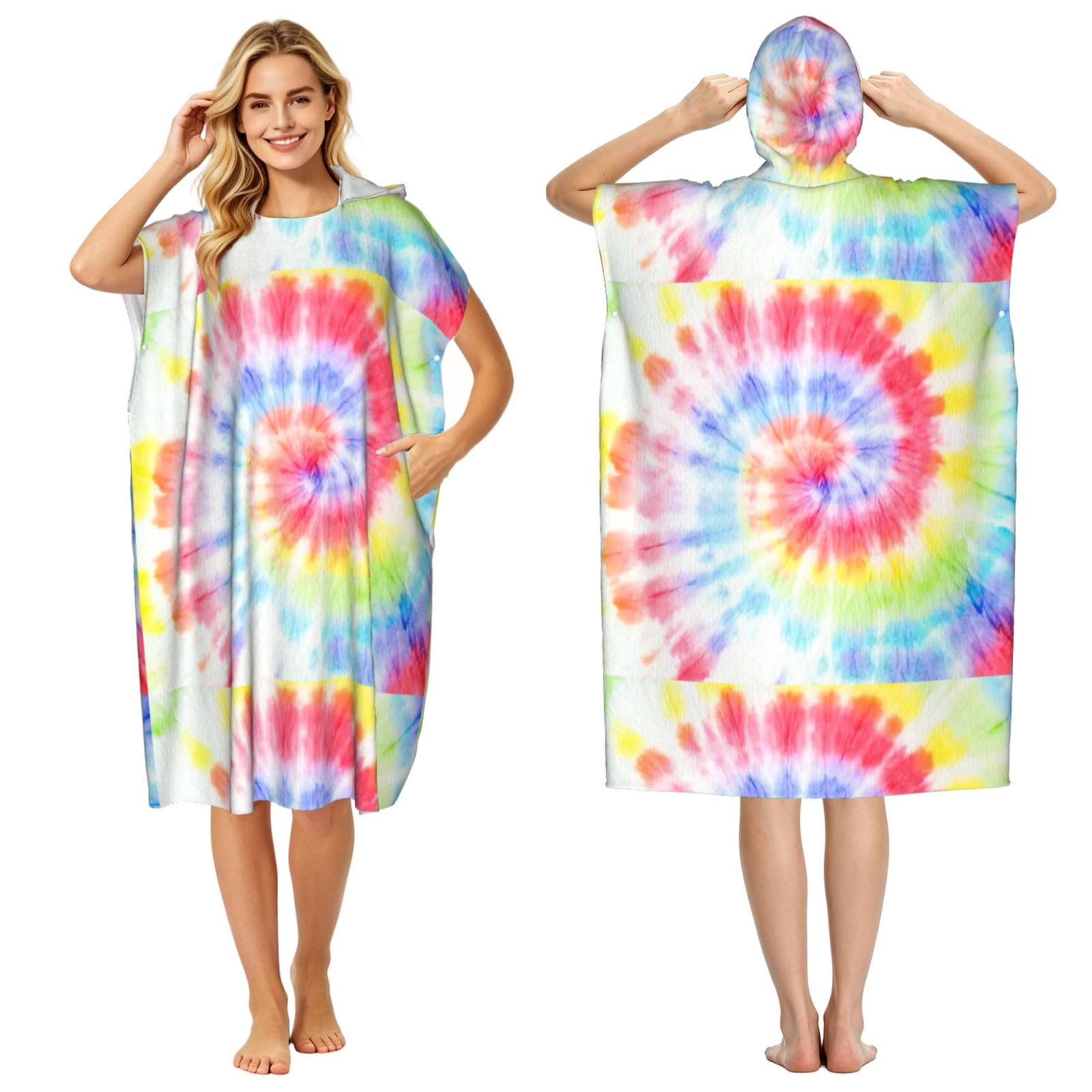 Poadnly Tie Dye Rainbow Spiral Swirl, Adult Hooded Beach Towel 90 x 110 cm,Changing Bath Robe, Surf Poncho Towel For Women Men