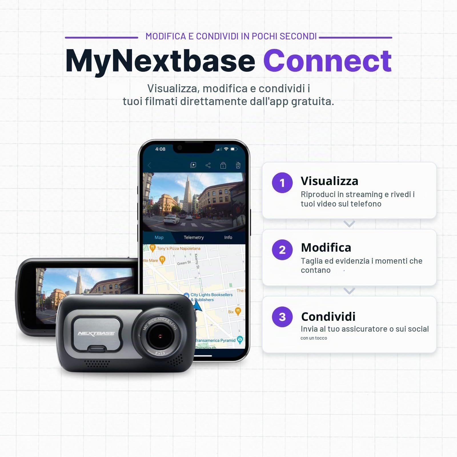 Nextbase® 522GW Dash cam Auto | Modalità di Parcheggio 24/7 | Dashcam Auto 2K 1080p 30fps | Schermo Tattile da 3" Telecamera | Camera con Angolo di Visione di 140° | Visione Notturna