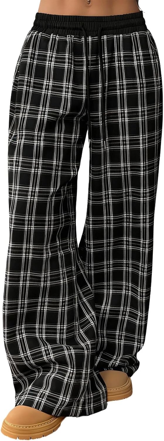 Women Gingham Wide Leg Palazzo Pants Casual Lounge PJ Bottoms Comfy Drawstring Waist Cute Plaid Pants with Pockets