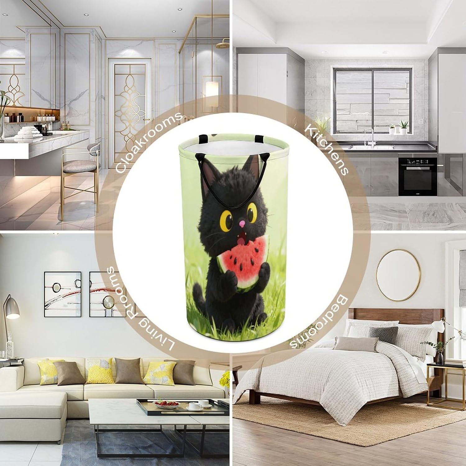 Cute Black Cat Eating Watermelon Laundry Hamper Portable Lightweight Clothes Hampers Fashion Dirty Laundry Storage Basket Large Capacity Foldable Clothes Baskets for Bathroom Bedroom