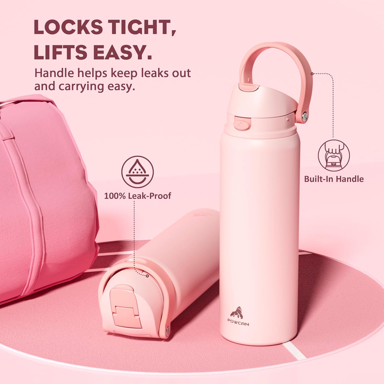 POWCAN 32 oz Insulated Water Bottle for Travel: 2-in-1 Lid with Push-Button Spout & Quick-Flip Straw, Leakproof, Keep Cold 24Hrs, Vacuum Stainless Steel for Travel, Trip, Hiking, Sport (Cotton Candy) - Image 4