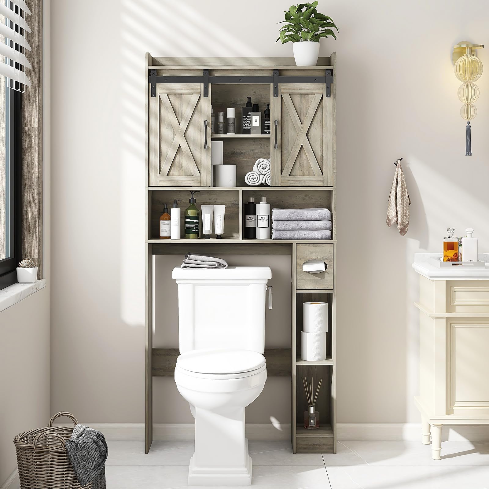 Vabches Over The Toilet Storage Cabinet, Farmhouse Storage Cabinet Over Toilet with Barn Door, Home Space-Saving Toilet Rack, for Bathroom, Restroom, Laundry（Black）.: Grey Sliding Doors
