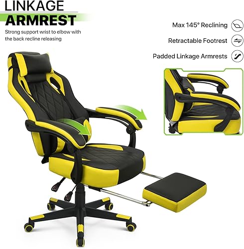 Miniatura 6 de Magshion Silla ergonómica para juegos con soporte lumbar desmontable, reclinable y giratoria de 360 grados, estilo de carreras, silla de juegos de