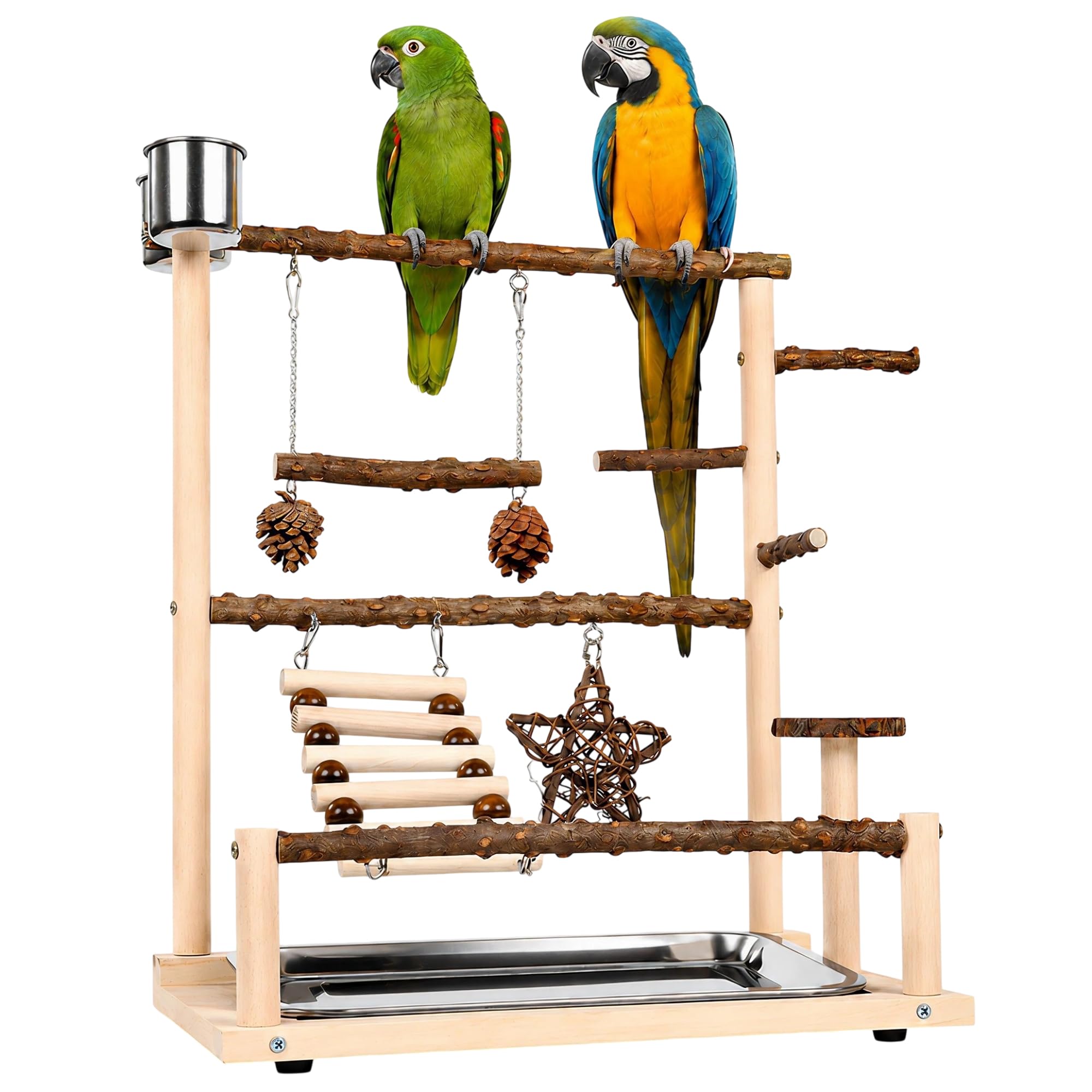 Giocattoli per Pappagalli e Parrocchetti, Posatoio per Uccelli, Accessori per Gabbia con Vassoio, 2 Alimentatori, Scale e Altalene, Grande Area Giochi per Parrocca Calopsitte Conure