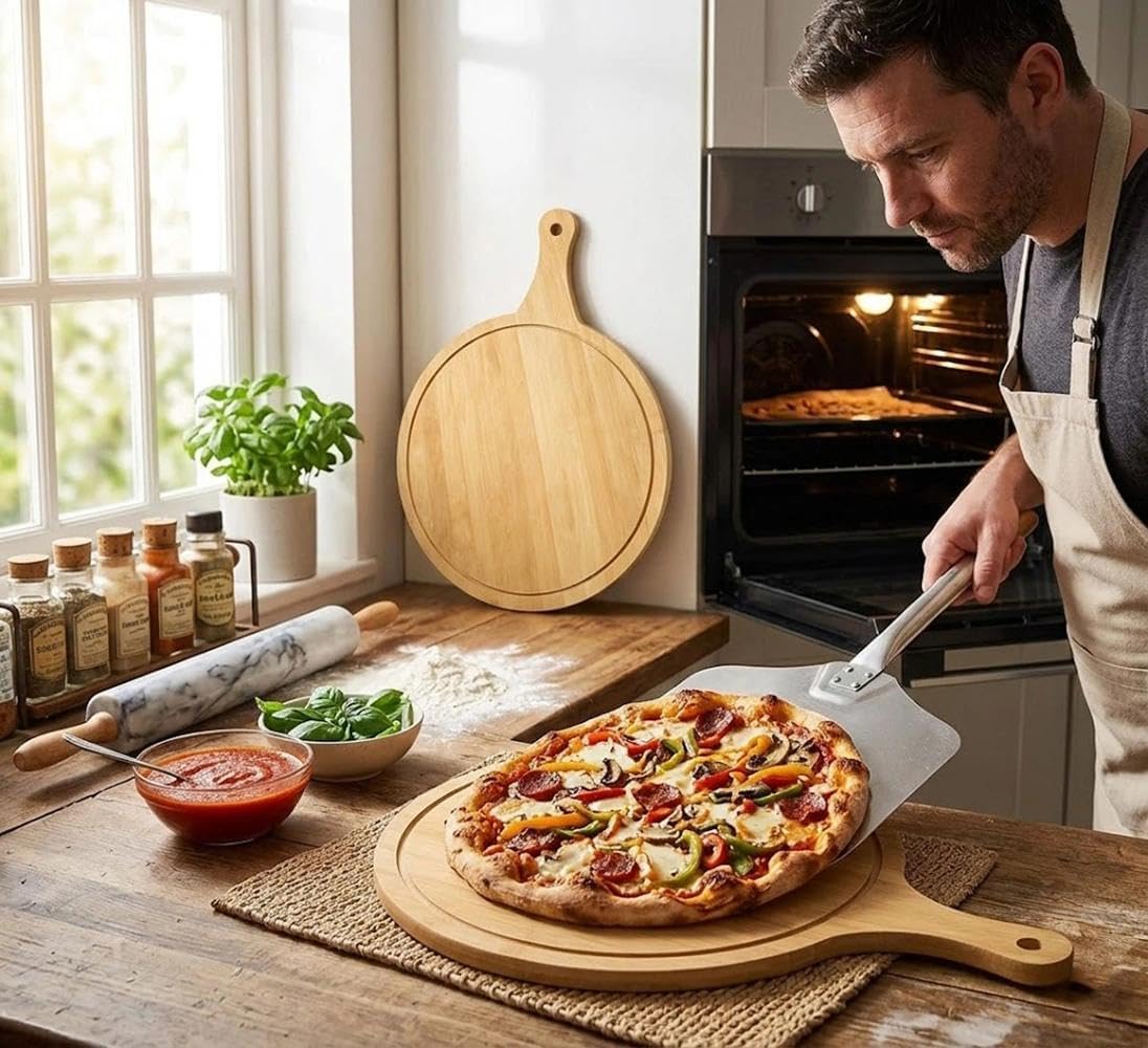2 piatti per pizza, in legno, con scanalature, 30 cm, rotondi, per tritare e servire salumi, formaggio, pane, pizza, bistecca