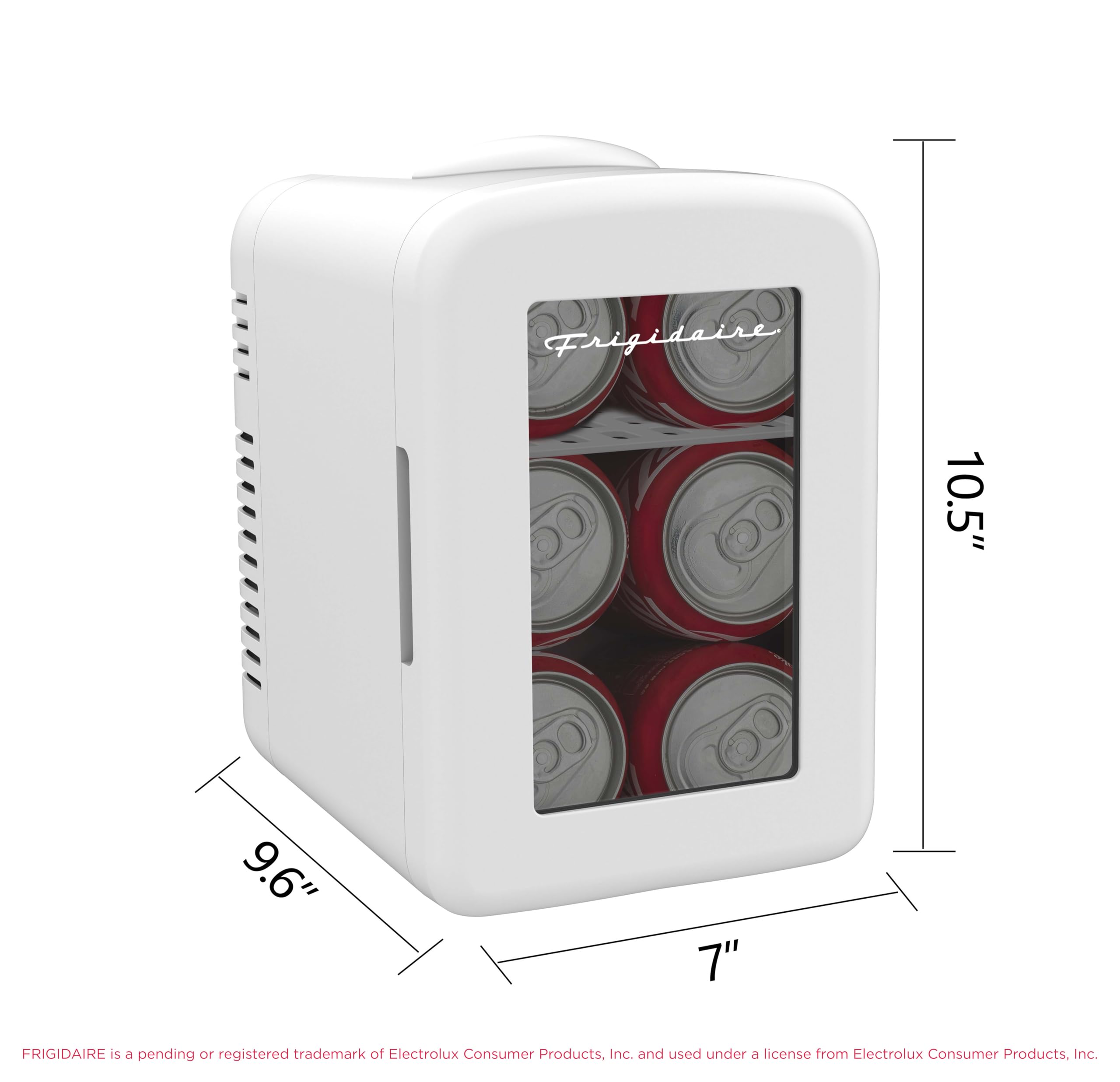 Frigidaire Mini glacière personnelle blanche pour réfrigérateur, porte transparente, capacité de 3,8 l pour six canettes, comprend des prises pour prise domestique et un chargeur CC – 25 cm P x 18 cm