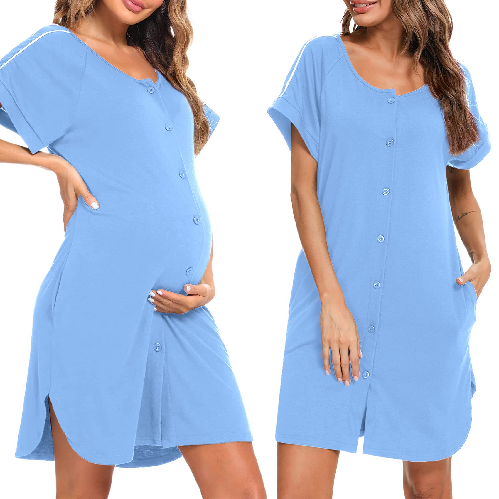 iClosam Women's Maternity Nightdress Button Down Nightgown Soft Cotton Breastfeeding Nightwear Labour Nursing for Hospital Pyjamas Loungewear S-XXL — view 9