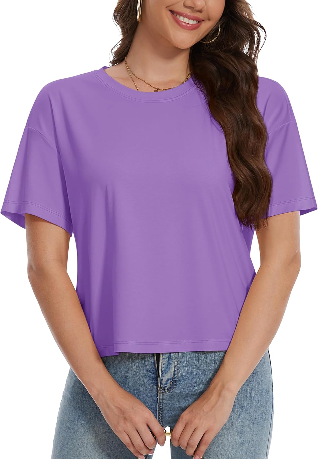 YUCOLEN Women’s Crop Tops Summer Short Sleeve Cotton UPF 50+ Round Neck Casual Loose Cropped T-Shirts Solid Basic Tees