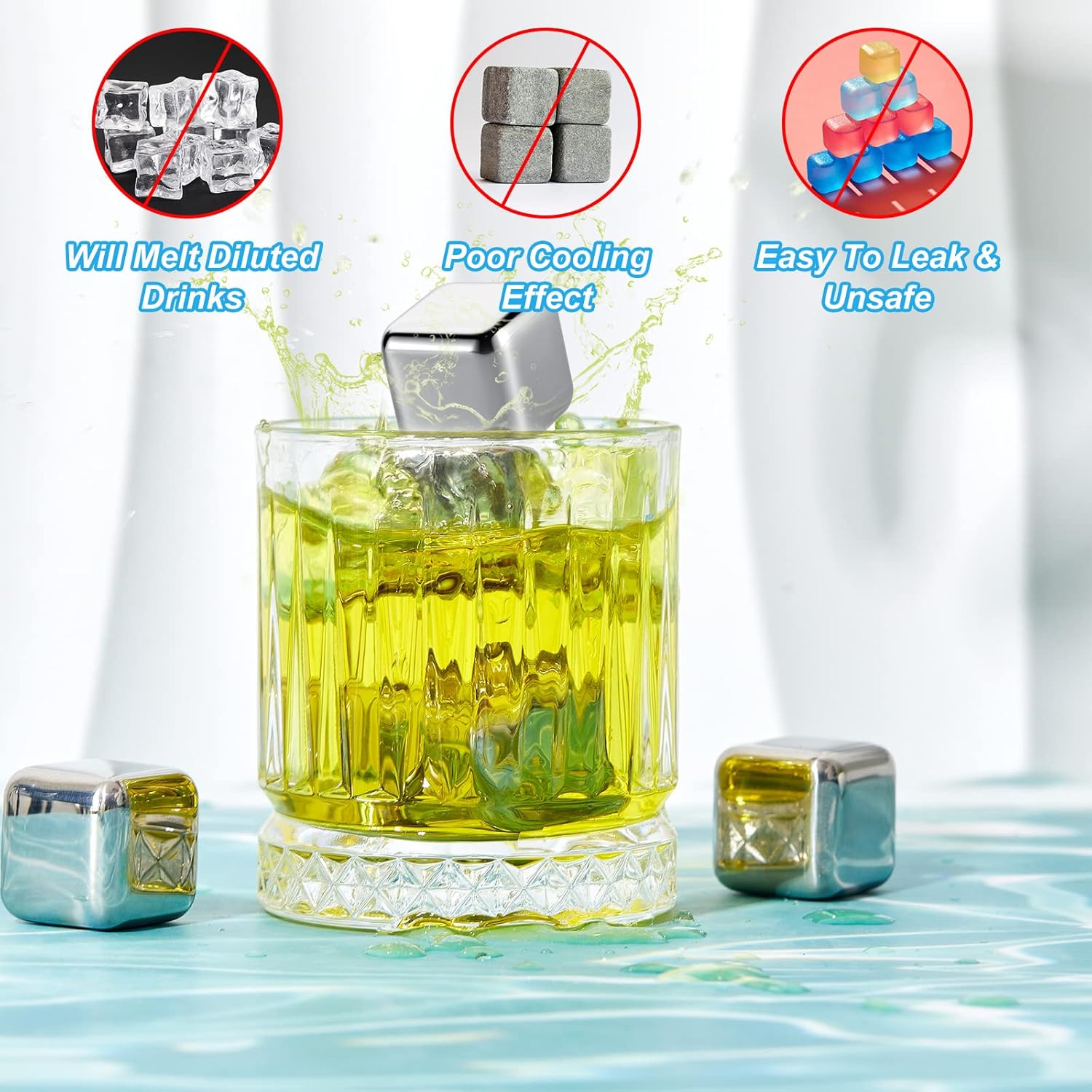 Yexiya 60 Pcs Reusable Stainless Steel Ice Cubes with Tongs Whiskey ...