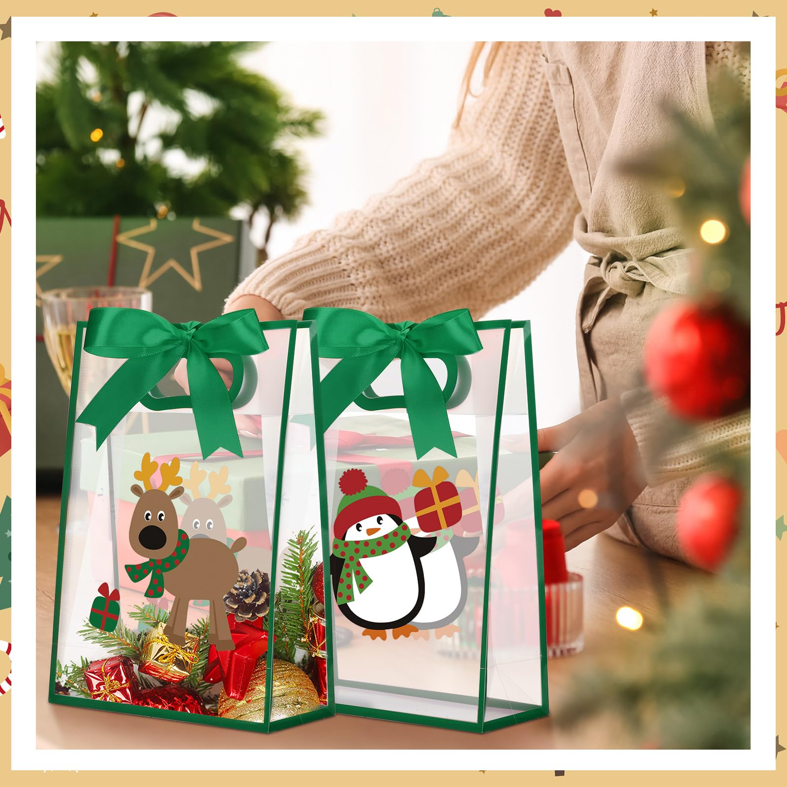 Gersoniel Lot de 24 sacs cadeaux de Noël transparents avec poignées, sacs à friandises de Noël en plastique avec nœud et rubans en PVC transparent, Père Noël, élan, bonhomme de neige pour anniversaire