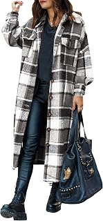 SKIKYAN Women Fall Flannel Plaid Shacket Jacket Oversized Button Down Long Shirt Jacket