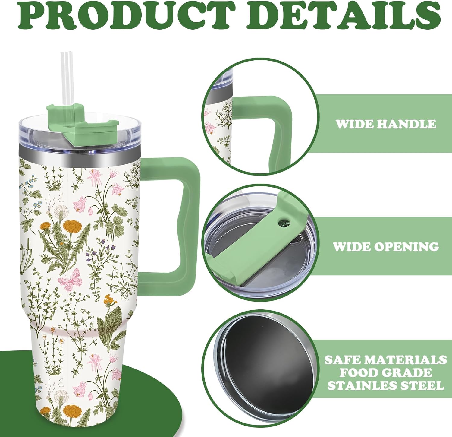 40Oz Vintage Wildflower Tumbler with Straw & Lid Green Floral Travel Coffee Tumbler Cup with Handle for Spring Party Favor Supplies - Image 3