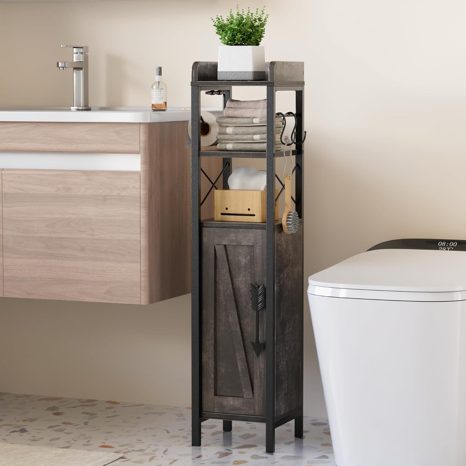 VECELO Small Bathroom Storage Cabinet, Slim Toilet Paper Holder with Shelves & Metal Racks, Organizer Cabinet for Narrow Spaces, Iron Gray, Farmhouse Style