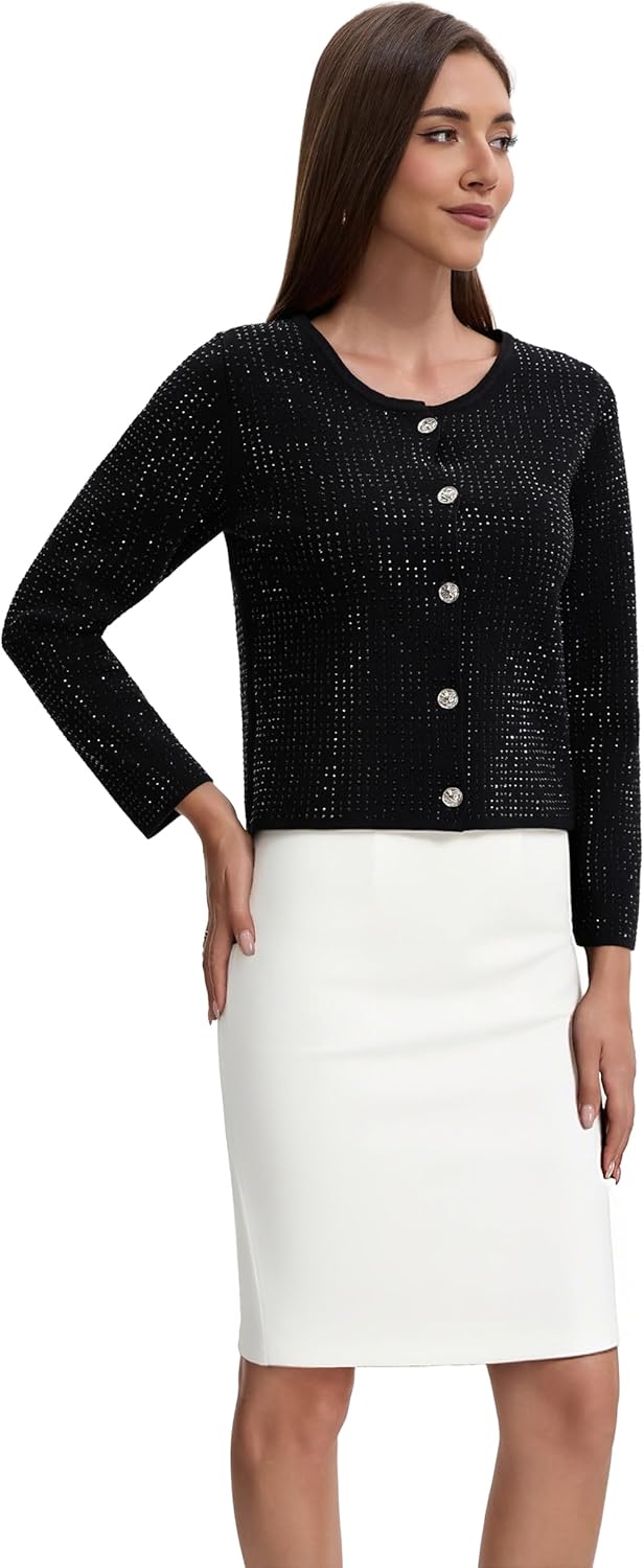 Froggirl Women’s Long Sleeve Round Neck Button Down Cardigan Sweater with Sparkle Rhinestone – Elegant Knit Top - Image 3