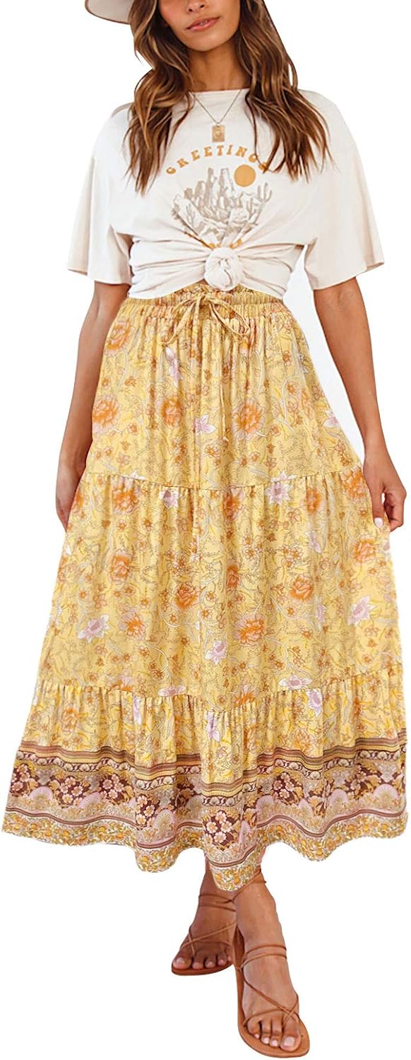 ZESICA Women's 2025 Summer Bohemian Floral Printed Elastic Waist A Line Maxi Skirt with Pockets
