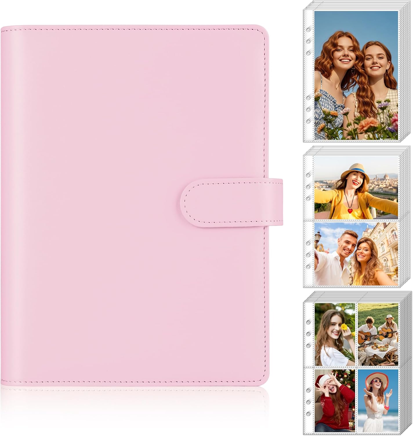 A5 Kpop Photocard Binder 6-Ring Card Collector Album with 40 Pack Card Sleeves, PU Leather Photocard Holder Book with Multi-Size Photo Protectors for Organizing Trading Cards, Pink A5 Binder