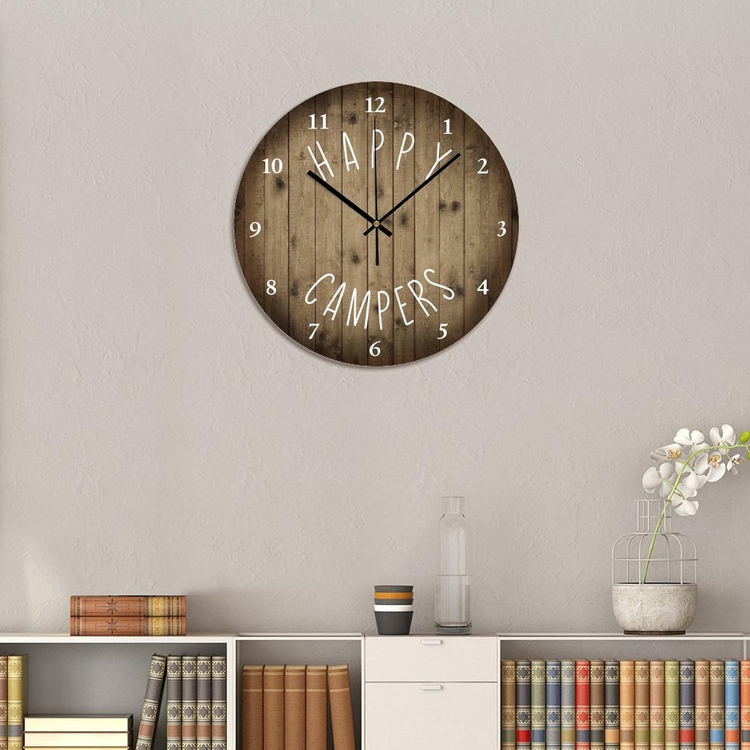 Round Wood Wall Clock Happy Campers Battery Operated Silent Non-Ticking Clock 15x15 Inch for Home Kitchen Bathroom Bedroom Living Room Decor