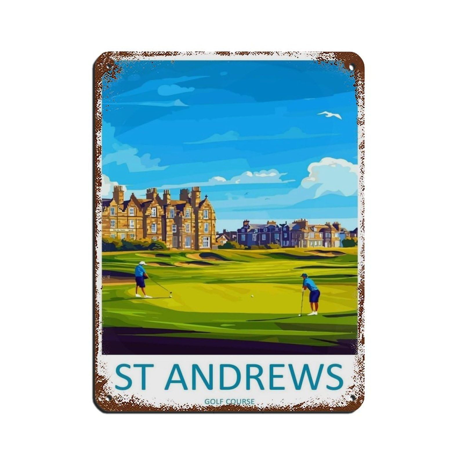 St Andrews Cartoon Travel Poster Scotland Art Retro Poster Metal Tin Sign Chic Art Retro Iron Painting Bar People Cave Cafe Family Garage Poster Wall Decoration 12x16inch(30x40cm)