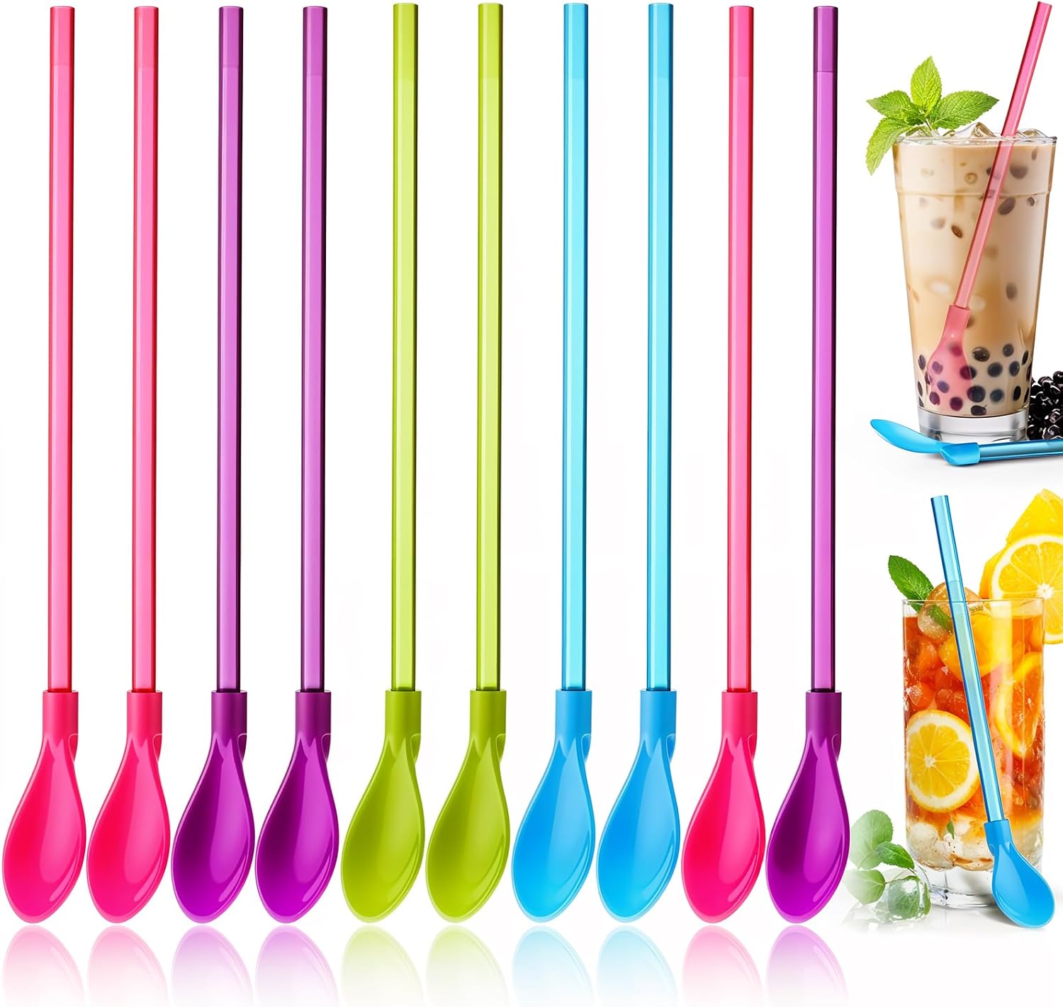 Jeffdad 10Pcs Plastic Straw Spoons, 2 in 1 Colored Straw Spoons Reusable Detachable for Smoothies, Milkshakes, Cocktails, Coffee & Hot Drinks