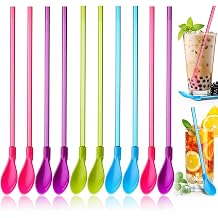 Jeffdad 10Pcs Plastic Straw Spoons, 2 in 1 Colored Straw Spoons Reusable Detachable for Smoothies, Milkshakes, Cocktails, Coffee & Hot Drinks