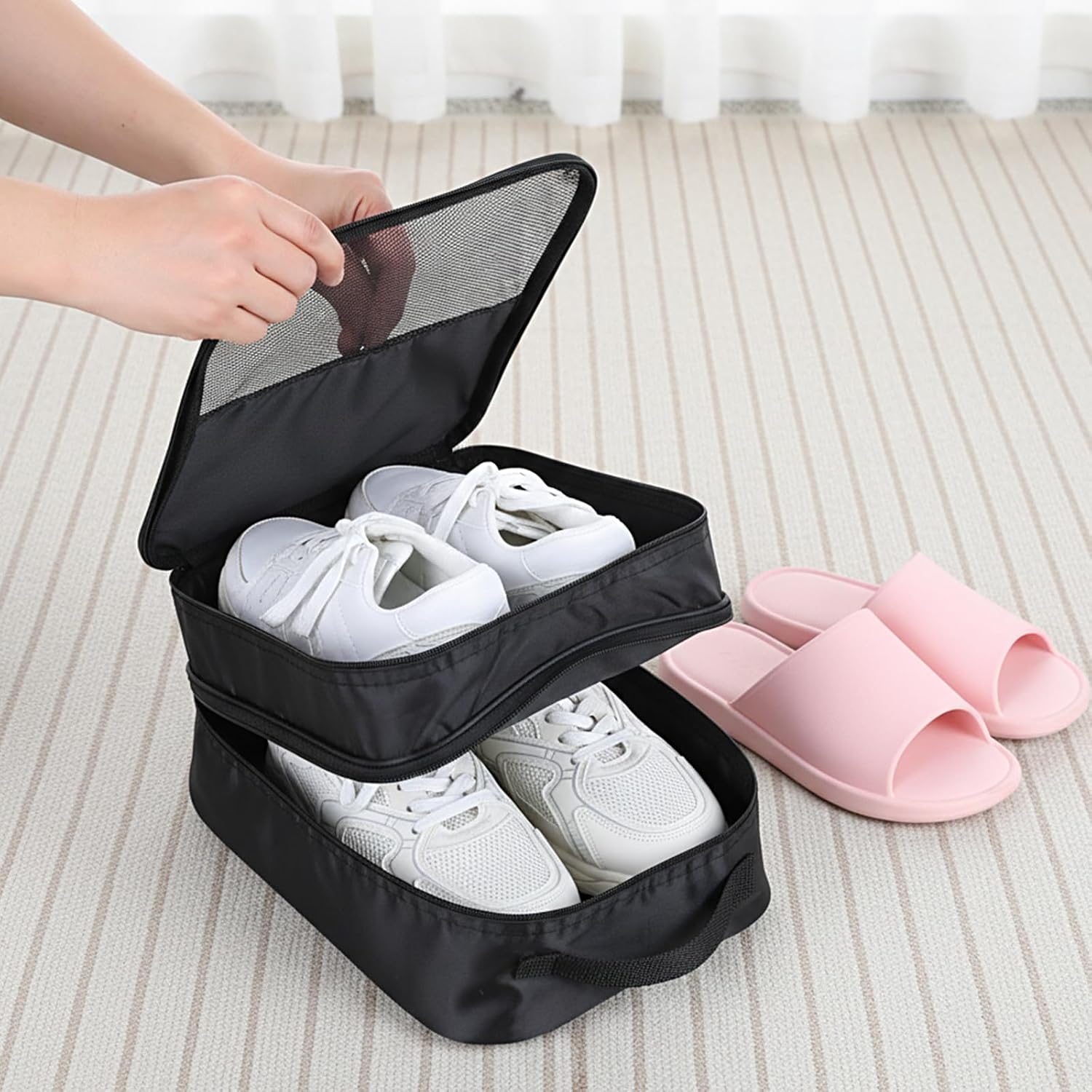 4 Pack Shoe Bags for Travel Holds 3 Pair of Shoes, Portable Shoes Storage Bag Organizer with Handle, Travel Luggage Shoe Organizer for Women Men Teenager Daily Use Storage Pouch (Black)