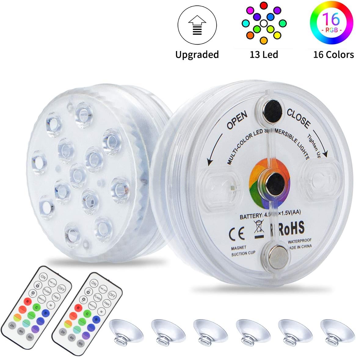 MUACL Submersible Led Pool Light, 16 Colors Underwater Pond Lights with Remote Control, 3 Magnets, Suction Cups for Aquarium, Bathtub, Fountain, Pond, Pool, Party (2 Packs)