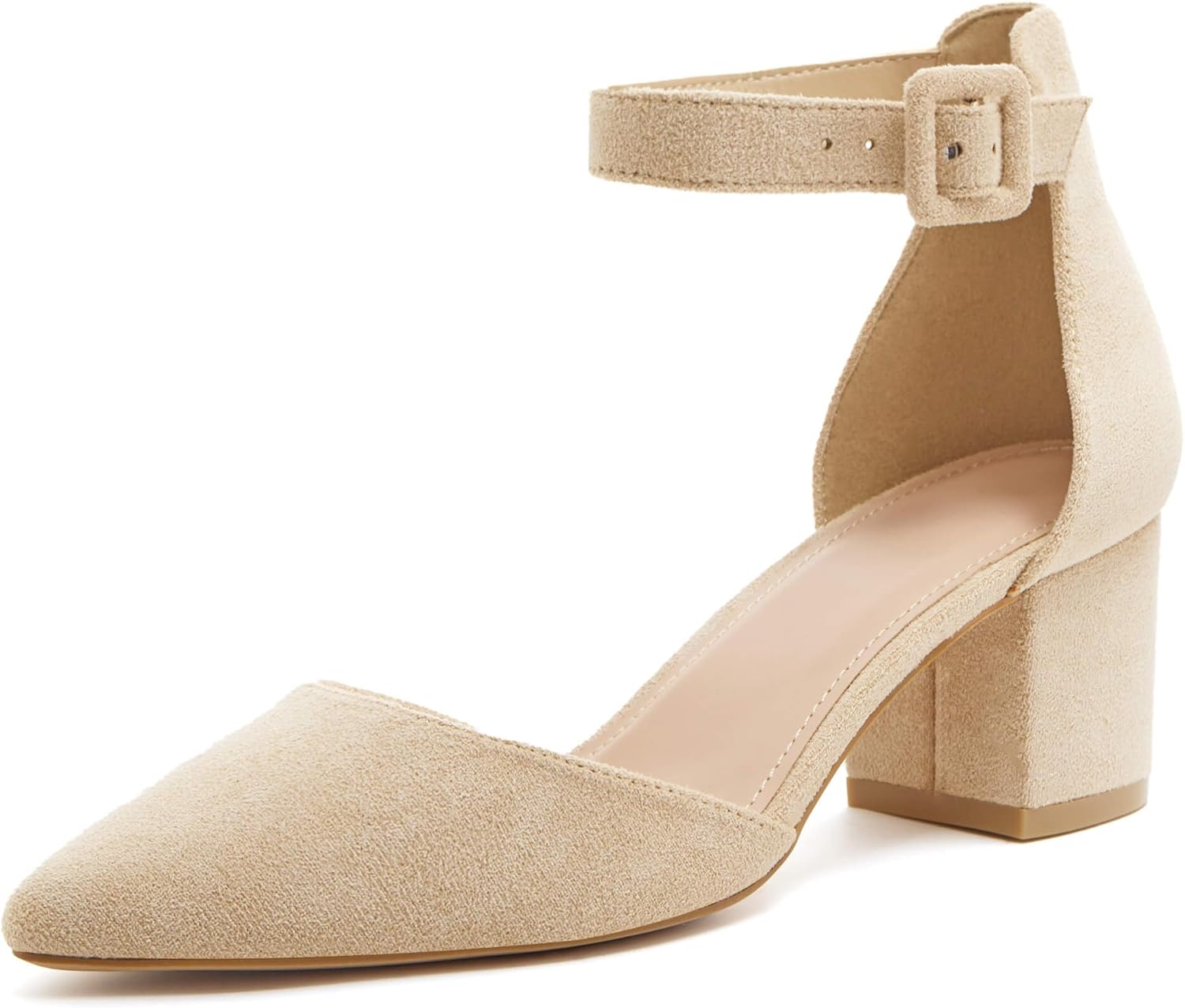 LAICIGO Women's Pointed Toe Pumps Ankle Strap Buckle Chunky Block Heel Dress D'Orsay Shoes