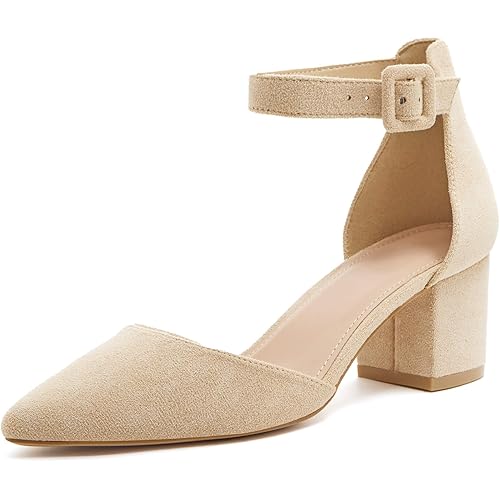 LAICIGO Women's Pointed Toe Pumps Ankle Strap Buckle Chunky Block Heel Dress D'Orsay Shoes