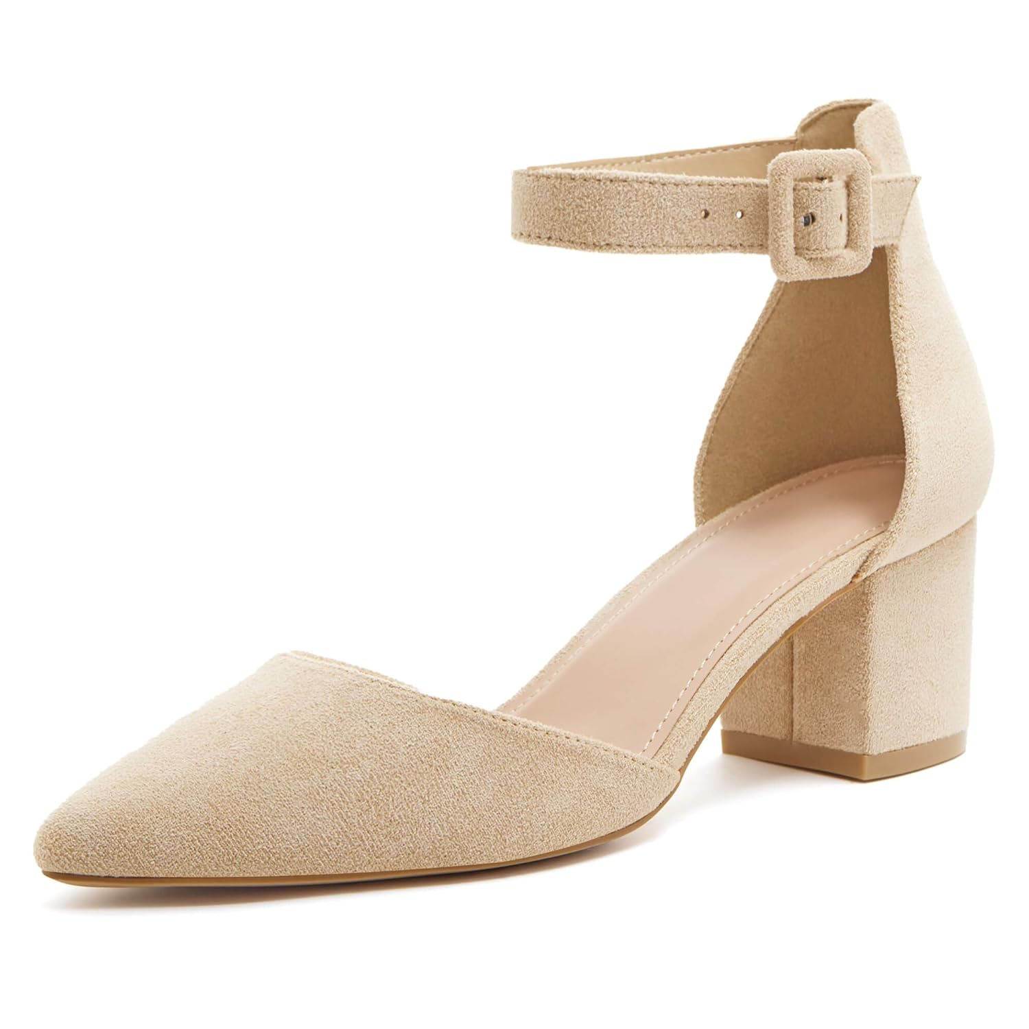 LAICIGO Womens Pointed Toe Pumps Ankle Strap Buckle Chunky Block Heel Dress DOrsay Shoes