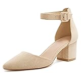 LAICIGO Women's Pointed Toe Pumps Ankle Strap Buckle Chunky Block Heel Dress D'Orsay Shoes 11 Nude Suede