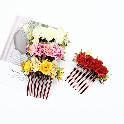Miniatura 5 de Cinaci Paquete de 4 peines laterales de plástico con flores artificiales, clips para tocados de boda, horquillas para el cabello, pasadores, moño,