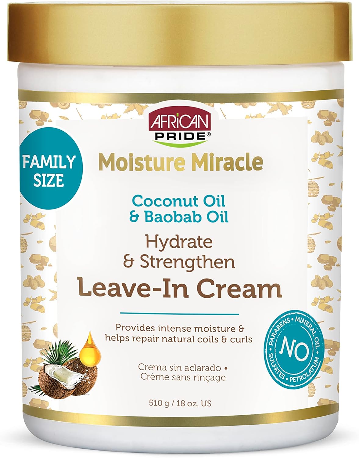 African Pride Moisture Miracle Coconut Oil & Baobab Oil Leave-In Hair Cream – Provides Intense Moisture & Helps Repair Natural Coils & Curls, Hydrates & Strengthens, 18 oz