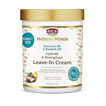 African Pride Moisture Miracle Leave-In Cream with Baobab Oil & Coconut Oil for Coily & Curly Hair, Adds Moisture, Helps Repair & Strengthen, 18 oz