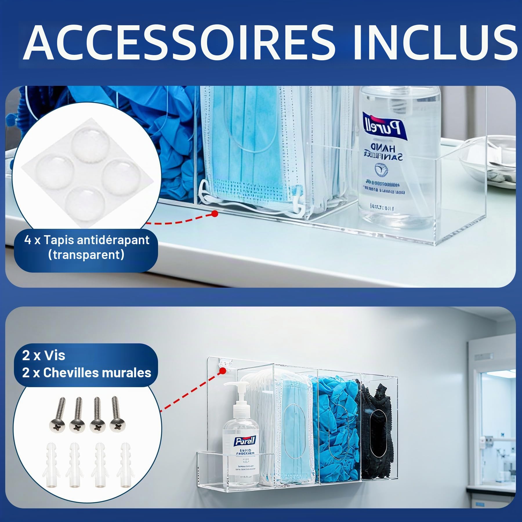 SEANADO Station d’Hygiène Murale en Acrylique – Distributeur de Gel Hydroalcoolique & Gants Jetables avec Couvercle, 4 Compartiments pour Masques, Charlottes & Surchaussures