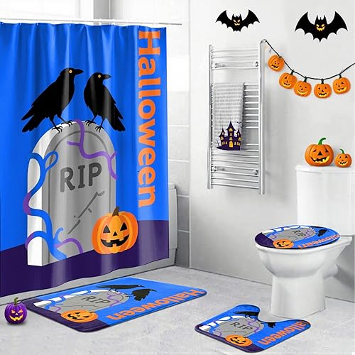 Miniatura 32 de Juego de 4 cortinas de ducha de Halloween, juego de baño de Halloween con cortina de ducha y alfombras, cubierta de tapa de inodoro, cortina de