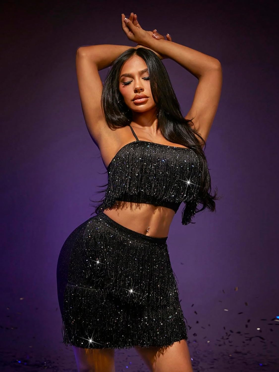 WDIRARA Women's 2 Piece Outfits Glitter Fringe Trim Sleeveless Cami Top and Bodycon Party Skirt Set - Image 4