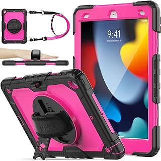 SEYMAC stock Case for iPad 9th/8th/7th Generation 10.2'', [Full-body] Case with 360 Degrees Rotating Stand [Pencil Holder][Screen protector] Hand Strap for iPad 9th/8th/7th 2021/2020/2019 (Rose+Black)