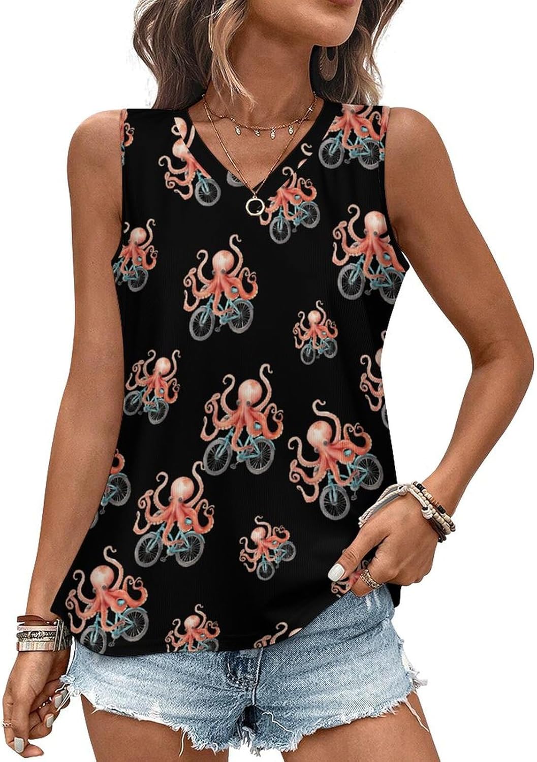 Cycling Cute Octopus Novelty Women's Sleeveless Tank Tops Causal V-Neck Shirts Summer Vest Blouses