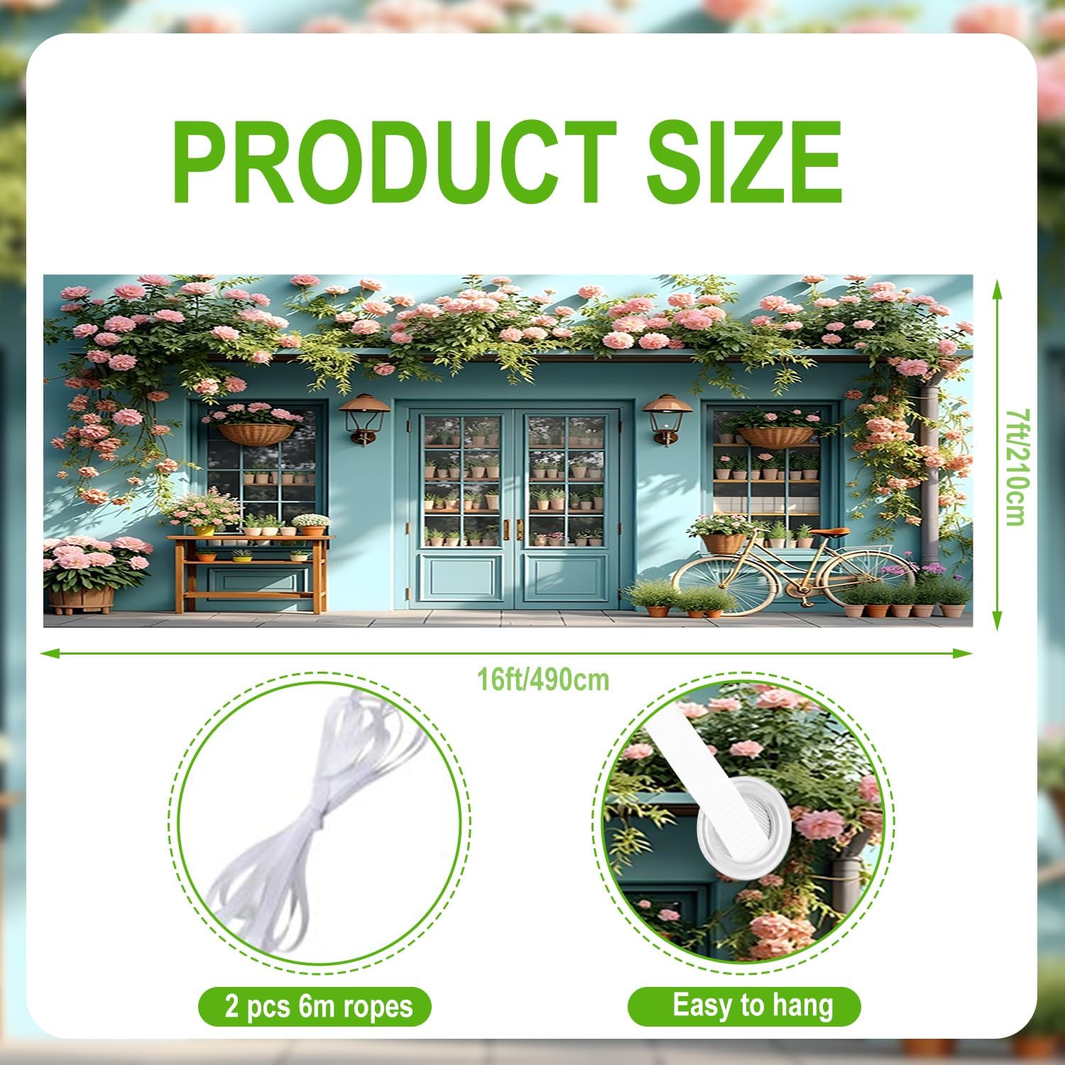 7x16ft Blue Flower Shop Garage Door Decor Spring Beautiful Pink Florals Potted Plant Wooden Frame Bicycle Garage Door Backdrop for Wedding Couple Bridal Shower Garage Door Banner
