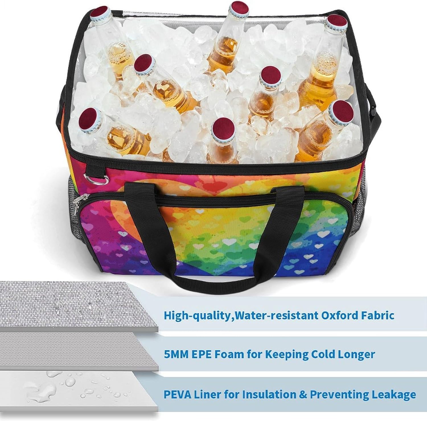 Insulated Picnic Backpack Tote Bag, Large Capacity 30L Colorful Rainbow Love Heart Cooler Bag Leakproof Beach Bags Portable Lunch Box Waterproof Picnic Basket for Beach Camping BBQ