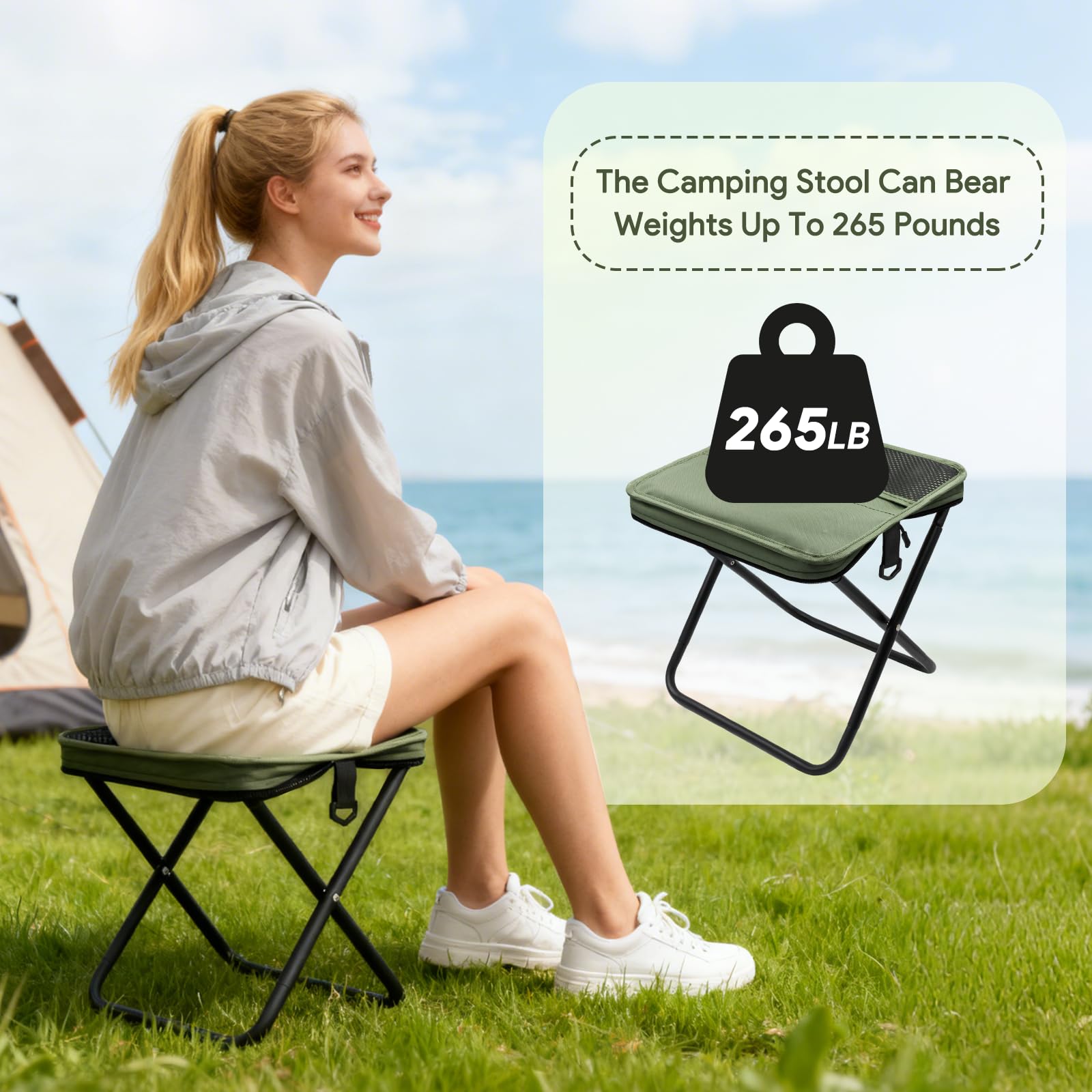 Sgabello zaino pieghevole portatile, sgabello da campeggio leggero con tracolla, sgabello pieghevole con borsa da trasporto con cerniera per pesca, viaggi, escursionismo, picnic(verde, grande)