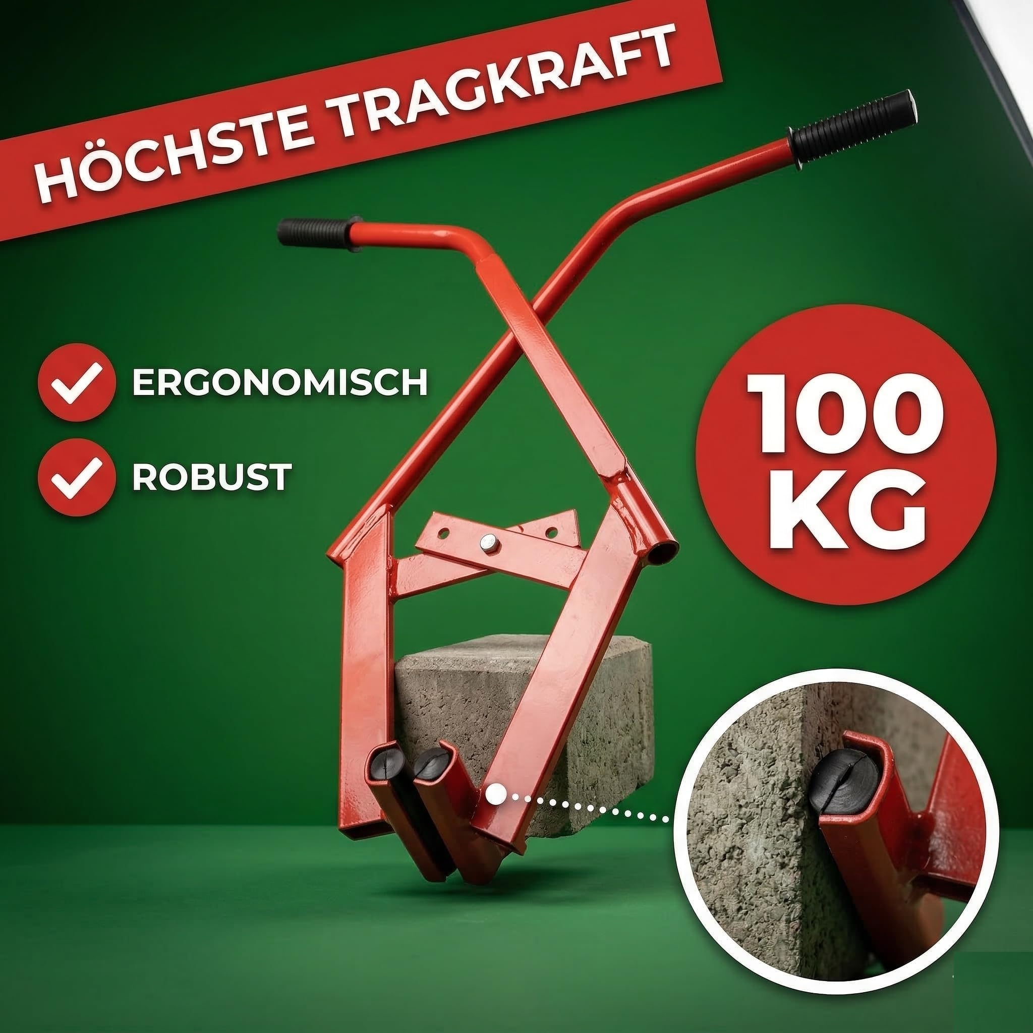 Bordsteinzange 100kg 0-370mm – Verstellbarer Steinheber Pflastersteinzange Bordsteinträger Versetztrage Gummierte Backen rutschfest – Profi Steinzange rot